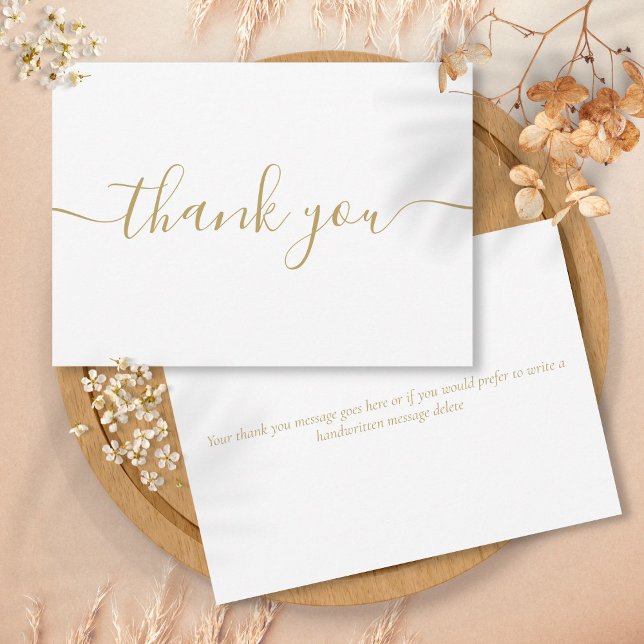 Cartão De Agradecimento Simples Moderno Elegante Chic Script Dourado (Simple Modern Elegant Chic Gold Script Thank You Card)