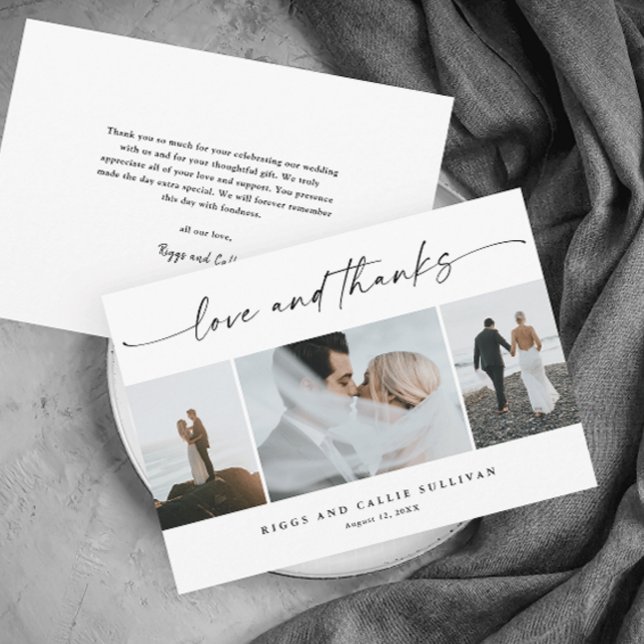 Cartão De Agradecimento Simples Script Love e Obrigados 3 Foto Casamento (Elegant script love and thanks black and white modern 
 minimal wedding photo thank you card.)