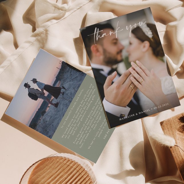Cartão De Agradecimento Simples Script Sage Green com Photo Wedding (Criador carregado)