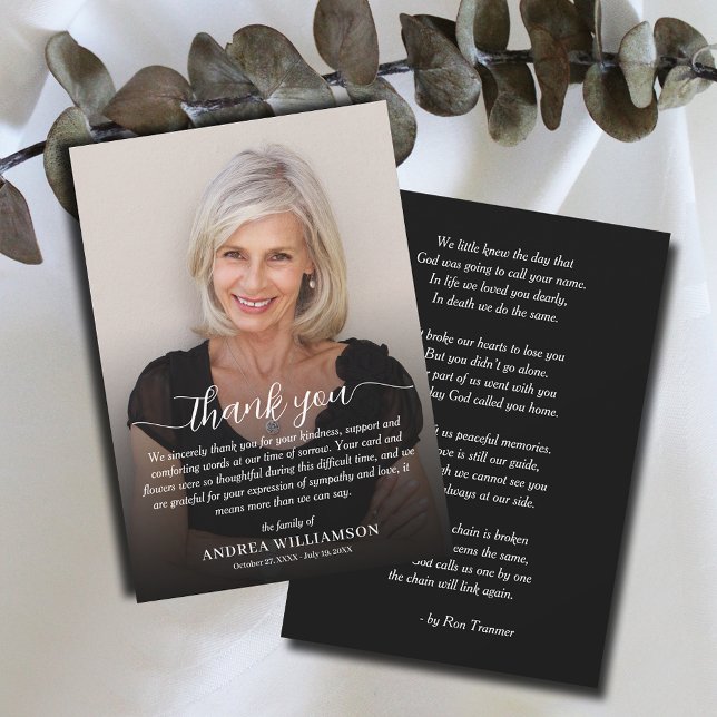 Cartão De Agradecimento Simples simpatia de Foto Funeral (Simple funeral flat thank you notes, photo and thank you on the front and poem/prayer  on the back.)
