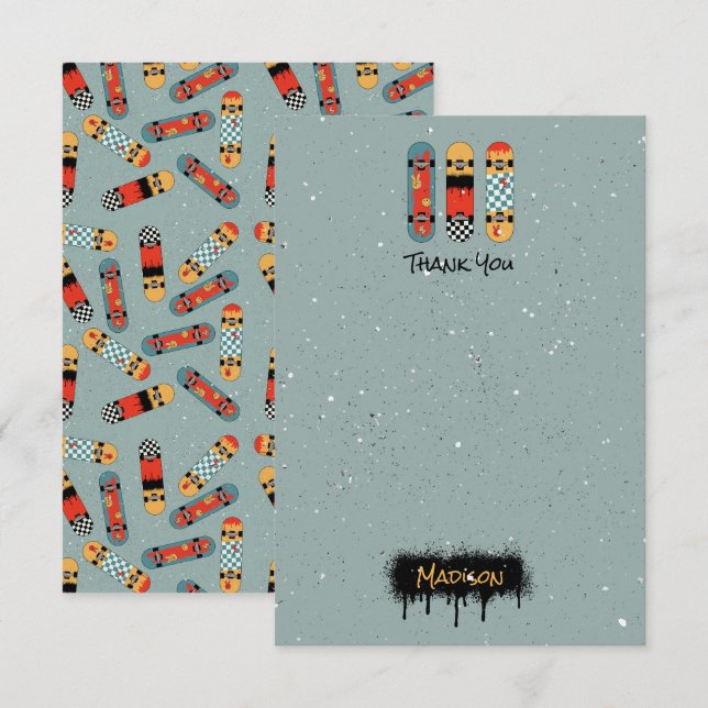 Cartão De Agradecimento Skateboard Retro Azul Legal Nome Personalizado Cri (Frente/Verso)