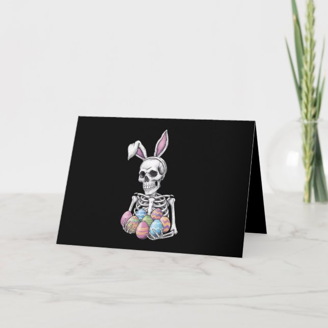 Cartão De Agradecimento Skeleton Bunny Segurando Ovos De Páscoa Coelho Eng (Frente)