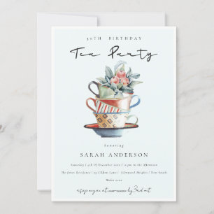 Cartão De Agradecimento Sky Blue Cups Any Age Birthday Tea Party Invite
