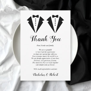 Cartão De Agradecimento Smoking preto e branco dois noivos casamento gay