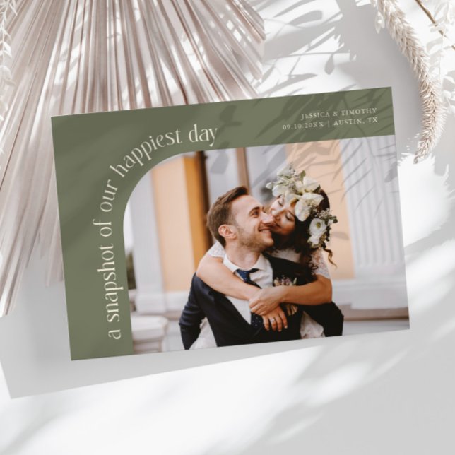Cartão De Agradecimento Snapshot Happiest Day Sage Green Wedding Photo (Criador carregado)