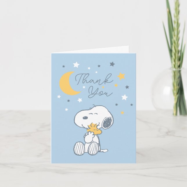 Cartão De Agradecimento Snoopy & Woodstock | Chá de Bebê Além da Lua Tha (Frente)