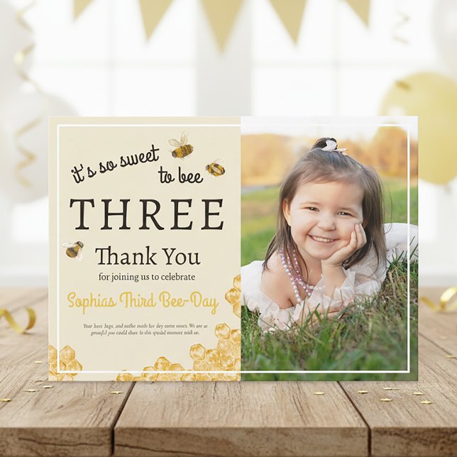 Cartão De Agradecimento So Sweet To Bee Three 3rd Birthday Honey Bee Photo (Criador carregado)