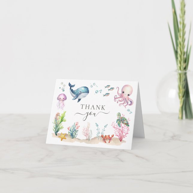Cartão De Agradecimento Sob o Chá de fraldas de animais do oceano marinho (Frente)