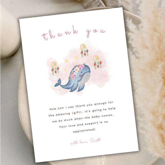 Cartão De Agradecimento Sob O Chá de fraldas Floral De Baleia Doce (Under The See Sweet Whale Floral Baby Shower Thank You Card)