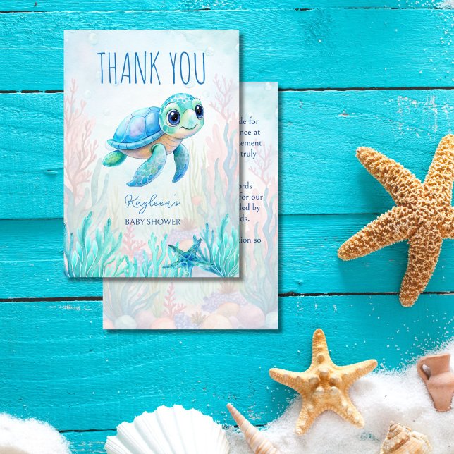 Cartão De Agradecimento Sob o mar, chá de fraldas azul aqua da tartaruga a (Under the sea cute baby sea turtle aqua blue boy baby shower thank you card )