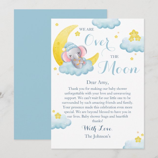 Cartão De Agradecimento Sobre O Chá de fraldas Elefante Da Lua (Frente/Verso)