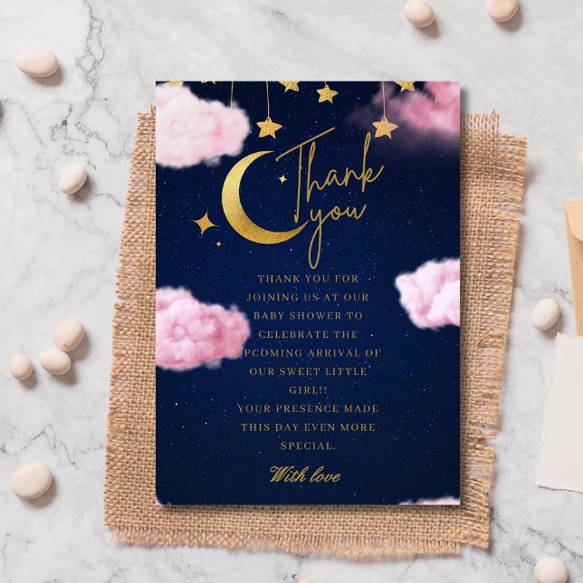 Cartão De Agradecimento Sobre o chá de fraldas rosa das estrelas da Lua (Criador carregado)