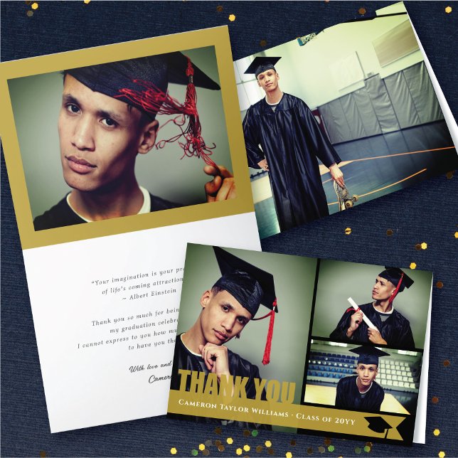 Cartão De Agradecimento Sobrepor o Boné de formatura de fita Dourado Moder (Overlay Gold Ribbon Graduation Cap Cut Out Modern 3 Photo Thank You Card @ zazzle.com/color_therapy)