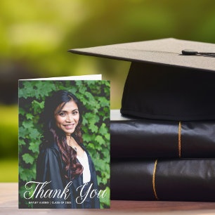 Cartão De Agradecimento Sobreposição White Script de Foto de Graduação