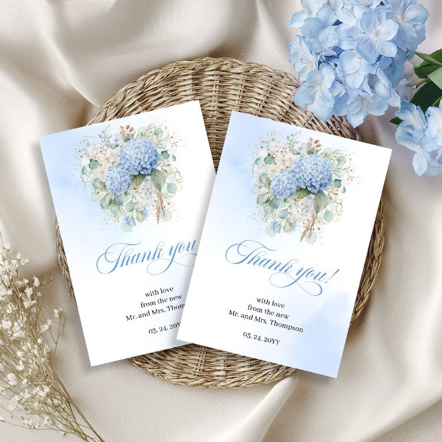 Cartão De Agradecimento Soft Blue Hydrangeas Eucalyptus Wedding thank you  (Soft Blue Hydrangeas Eucalyptus Wedding thank you card)