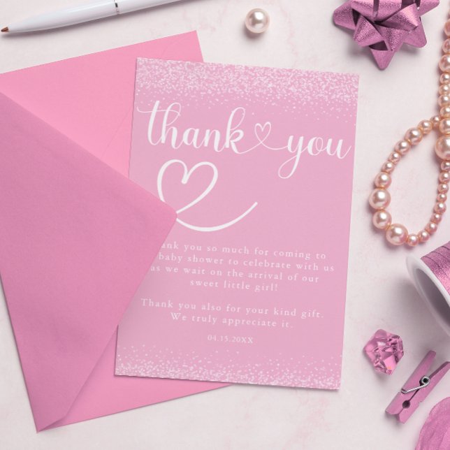Cartão De Agradecimento Soft Pink Glitter Thank You Heart Script (Criador carregado)