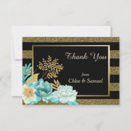 Cartão De Agradecimento Sparkle Stripe Dourada Mint Floral Wedes
