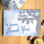 Cartão De Agradecimento Sparkly Blue Sincere Thank You<br><div class="desc">Light blue sincere thank you card with a glittery silver tree is a beautiful addition to the Blue and Yellow Tree Bat Mitzvah Set with beautifully coordinated invitations and envelopes with sparkles and glitter details.</div>