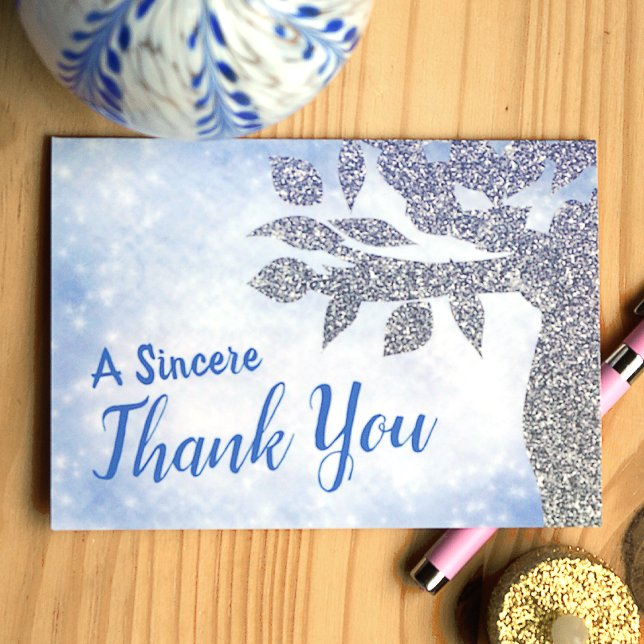 Cartão De Agradecimento Sparkly Blue Sincere Thank You (Blue and silver glitter tree of life thank you card for bat mitzvah guests)