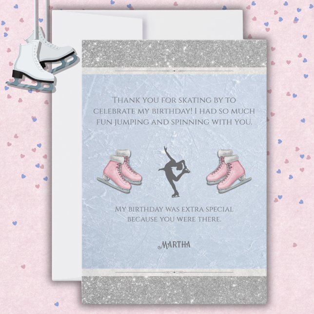 Cartão De Agradecimento Sparkly Silver Glitter Ice Skating Birthday (Gracious Gratitude: Elegant Ice Skater Thank You Cards with Silver Glitter Accents)