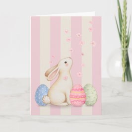 Cartão De Agradecimento Spring Bunny and Eggs Pink Stripes 5x7 Easter Card