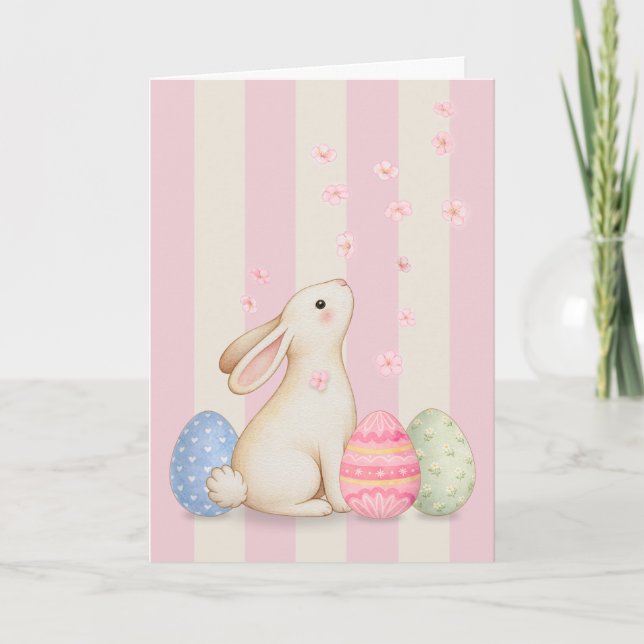 Cartão De Agradecimento Spring Bunny and Eggs Pink Stripes 5x7 Easter Card (Frente)