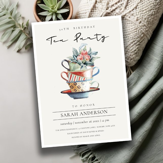 Cartão De Agradecimento Stacked Cups Any Age Birthday Tea Party Invite (Criador carregado)