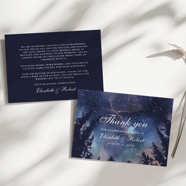 Cartão De Agradecimento Starry Night Forest Weding (Starry Night Forest Wedding Thank You Card on a sunny white table.)