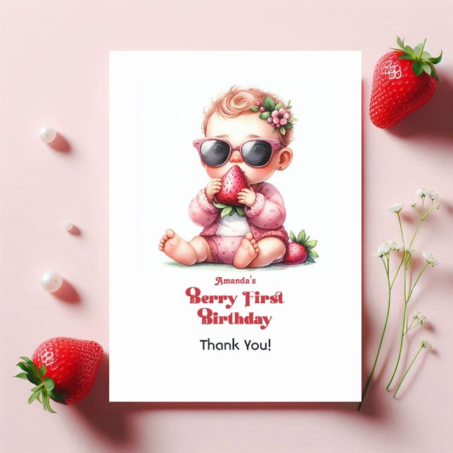 Cartão De Agradecimento Strawberry Girl Berry Primeiro Aniversário (Strawberry Girl Berry First Birthday Thank You Card)