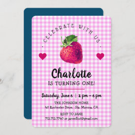 Cartão De Agradecimento Strawberry Hearts Birthday Girl Pink Checkered