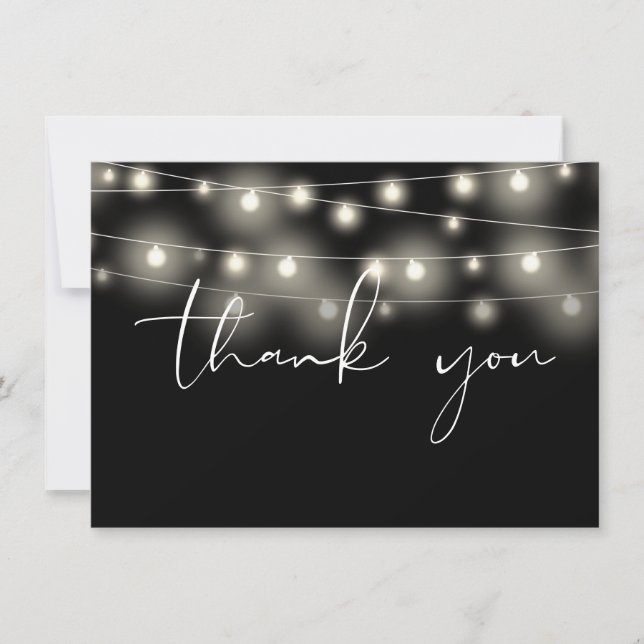 Cartão De Agradecimento String Lights Black And White Script Calligraphy (Frente)