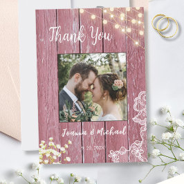 Cartão De Agradecimento String Lights Purple Wood & Lace Weding Obrigado