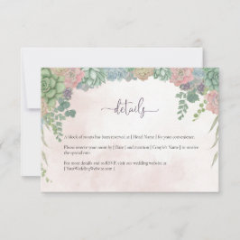 Cartão De Agradecimento Succulent Green and Blush Wedding Details Card
