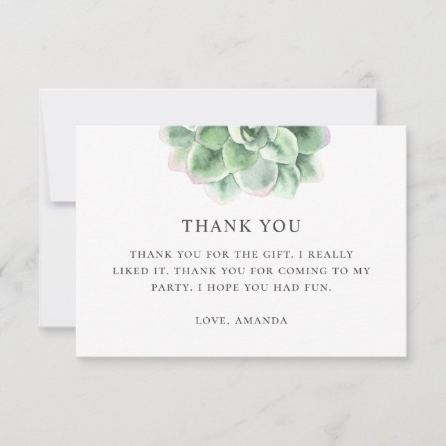 Cartão De Agradecimento Suculente verde-aquarela. Aniversário do cacto (Frente)