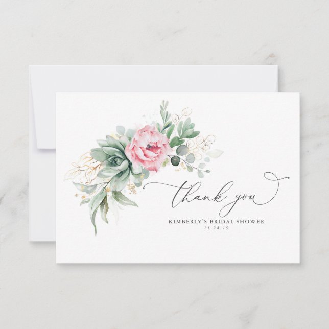 Cartão De Agradecimento Sucultivos e Flores Rosa Pequenos Obrigado (Frente)