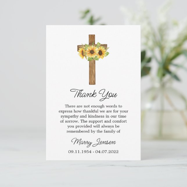 Cartão De Agradecimento Sunflower Cross Sympathy Thank You Card (Em pé/Frente)