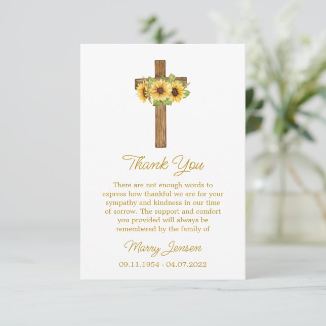 Cartão De Agradecimento Sunflower Cross Sympathy Thank You Card (Em pé/Frente)