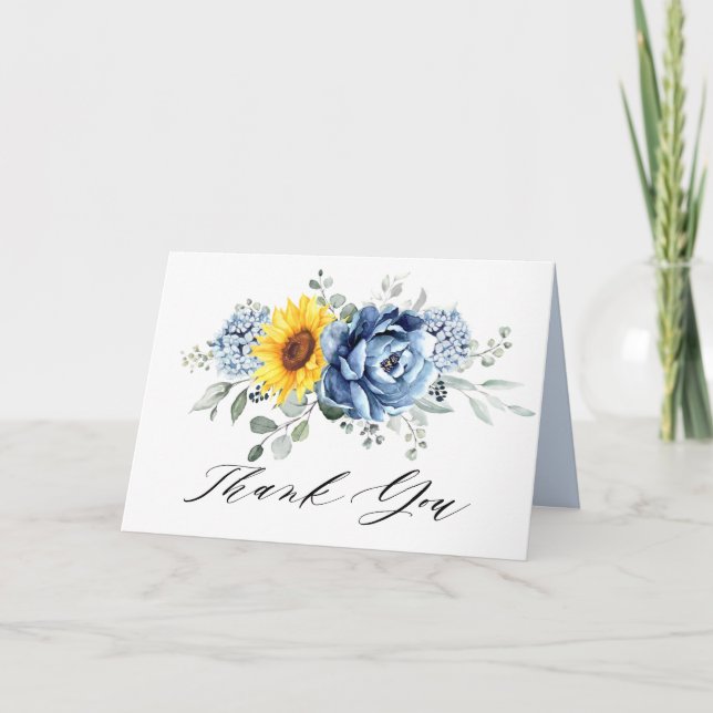 Cartão De Agradecimento Sunflower Dusty Blue Slate Peony Casamento Floral (Frente)