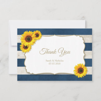 Cartão De Agradecimento Sunflower Stripes Rustic Summer Weding Marinho Azu
