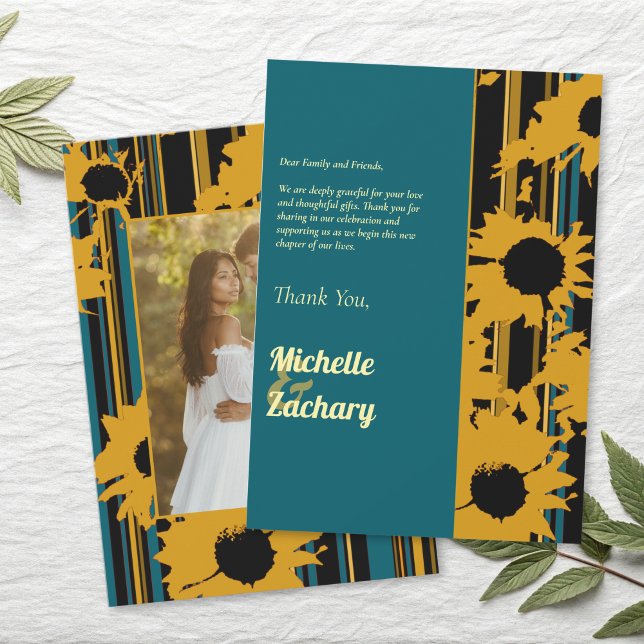 Cartão De Agradecimento Sunflower Teal Blue Gold Modern Wedding (Criador carregado)