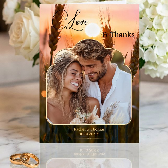 Cartão De Agradecimento Sunset Nature Wedding Photo  (Wedding Thank You note card featuring your photo framed by a colorful sunset over a country scene)