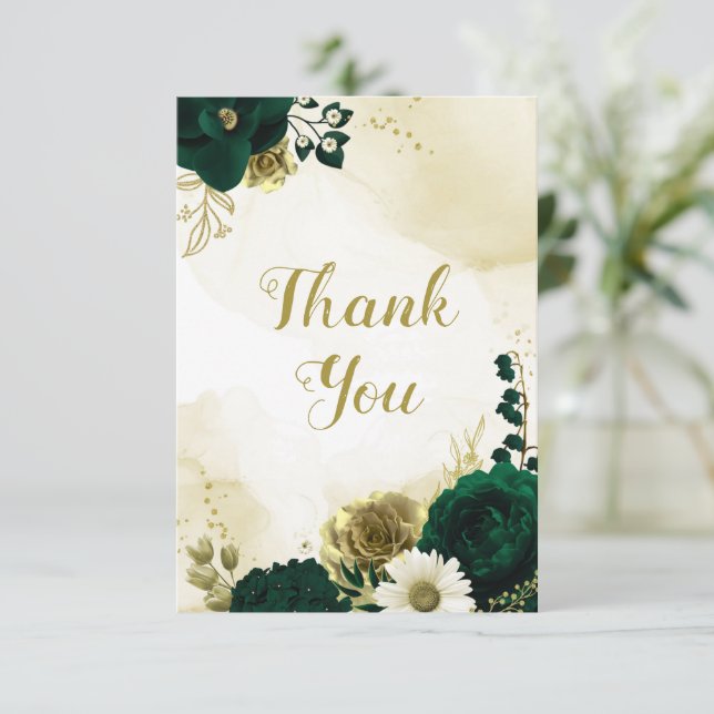 Cartão De Agradecimento Surpreendentes flores de ouro verde esmeralda (Em pé/Frente)