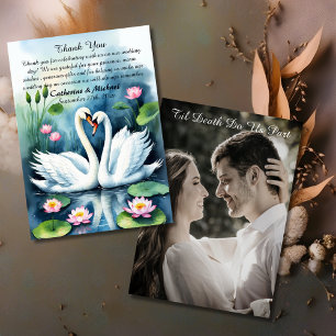 Cartão De Agradecimento Swan In Love Watercolor Lotus Pond Código QR Casam