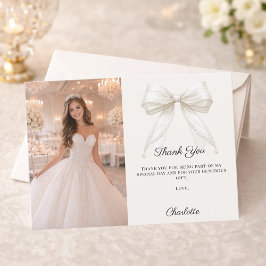 Cartão De Agradecimento Sweet 16 ivory bow photo pearls