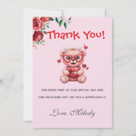 Cartão De Agradecimento Sweet Heart Teddy Bear Pink Baby Shower 