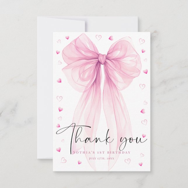 Cartão De Agradecimento Sweet Pink Bow First Birthday Thank You Card (Frente)