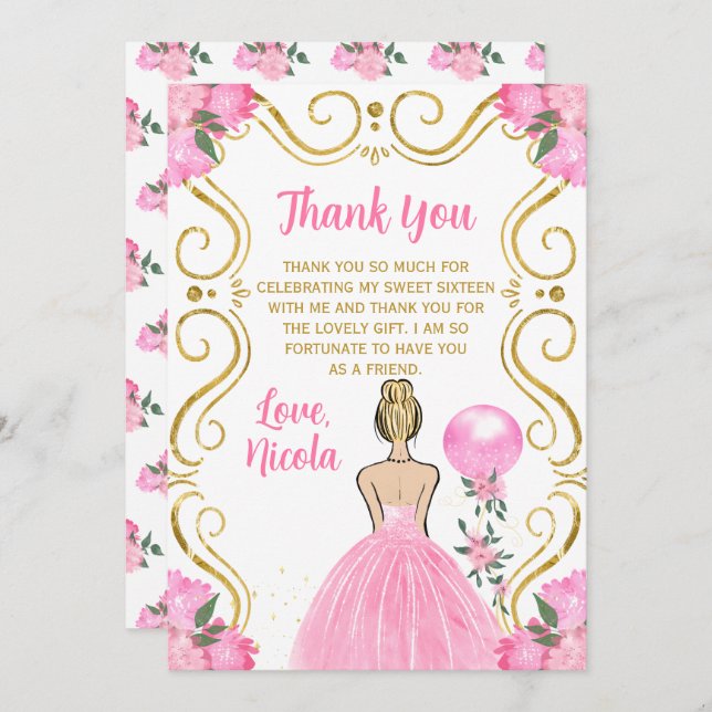 Cartão De Agradecimento Sweet Sixteen Blonde Princess in Pink (Frente/Verso)