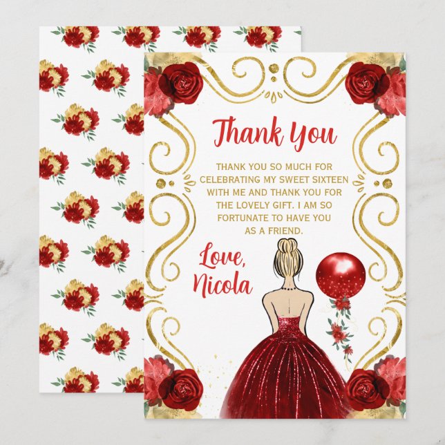 Cartão De Agradecimento Sweet Sixteen Blonde Princess in Red (Frente/Verso)