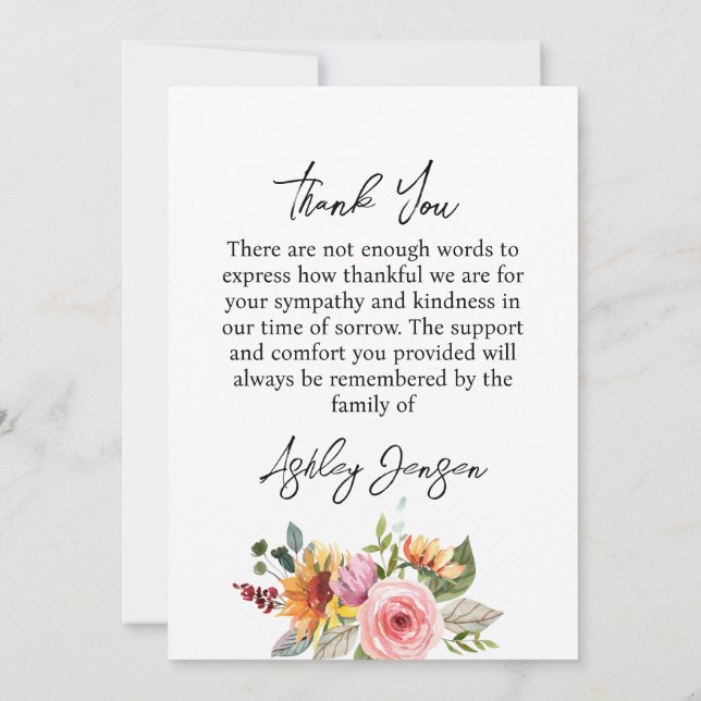 Cartão De Agradecimento Sympathy Floral Funeral Thank You Card (Verso)
