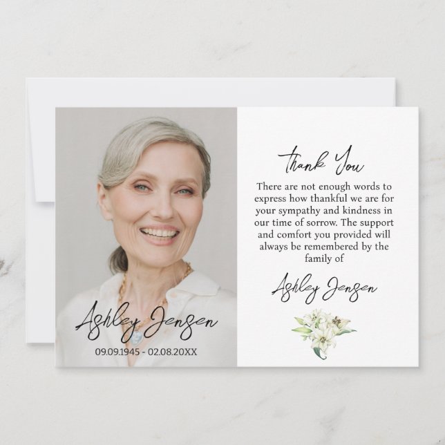 Cartão De Agradecimento Sympathy Lily Photo Funeral Thank You Card (Frente)